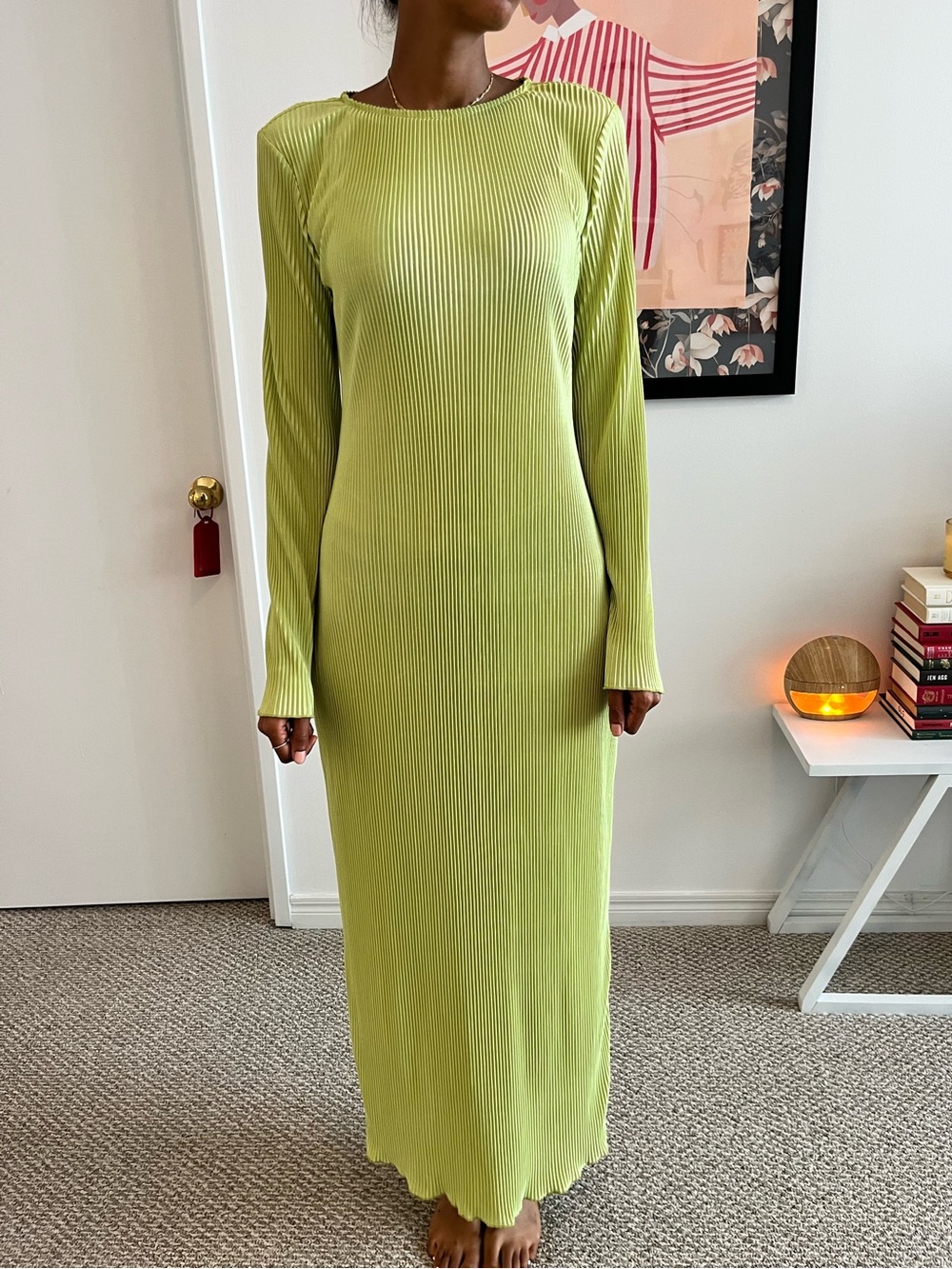 Long-Sleeve Ribbed Maxi Dress in Light Green medium